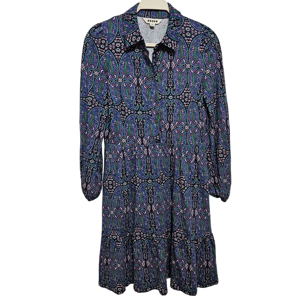 Boden Womens Jersey Tiered Midi Shirt Dress Blue Paisley Floral Boho Cottage 6 S